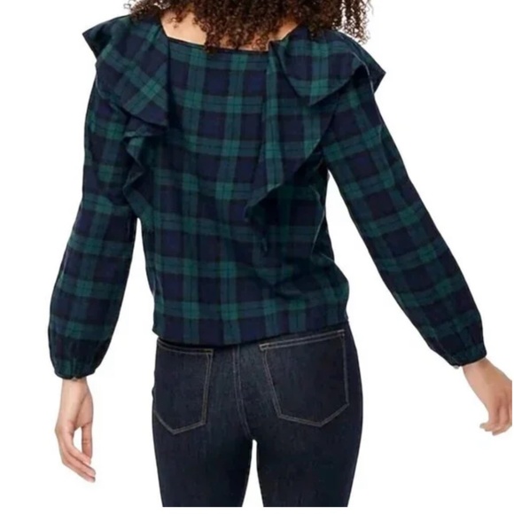 NWT J. Crew Square-Neck Black Watch Plaid Flannel Ruffle Top Size Small - Picture 2 of 8